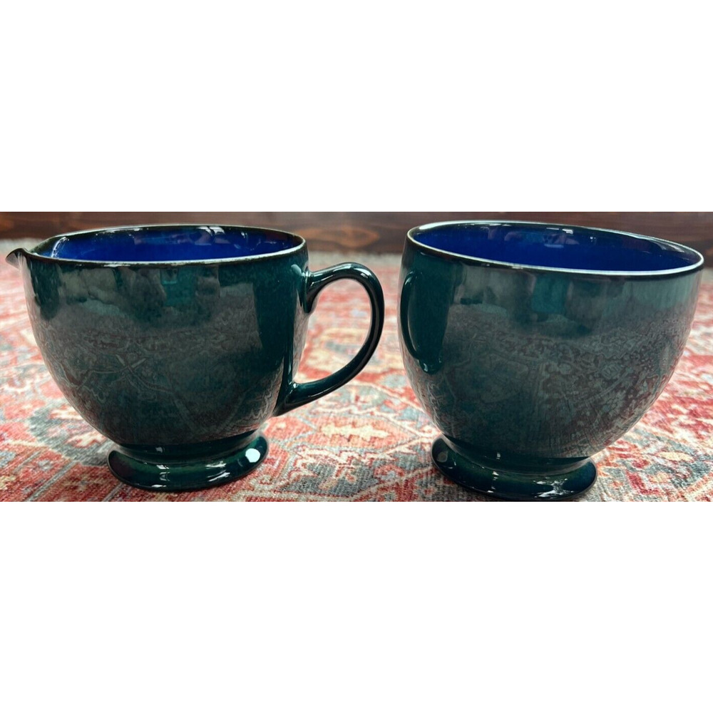 Denby Harlequin 3" Footed Creamer and Open Sugar Green/Blue Speckled NEW